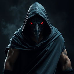 A striking image of a man wearing a crow mask, cloaked in a black hooded tunic