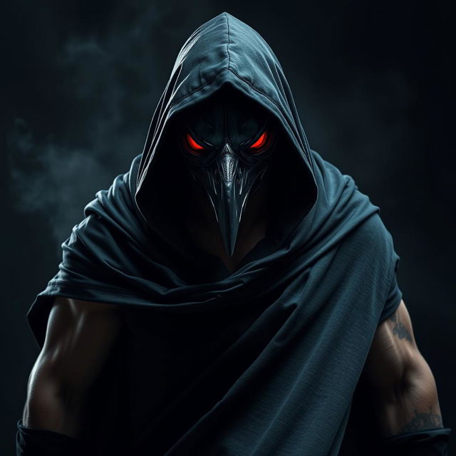 A striking image of a man wearing a crow mask, cloaked in a black hooded tunic