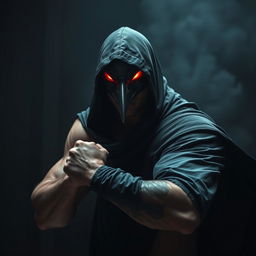A powerful image of a man wearing a crow mask, cloaked in a flowing black hooded tunic