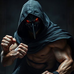 A powerful image of a man wearing a crow mask, cloaked in a flowing black hooded tunic