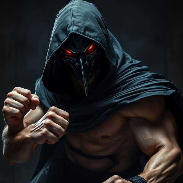 A powerful image of a man wearing a crow mask, cloaked in a flowing black hooded tunic