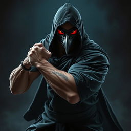 A powerful image of a man wearing a crow mask, cloaked in a flowing black hooded tunic