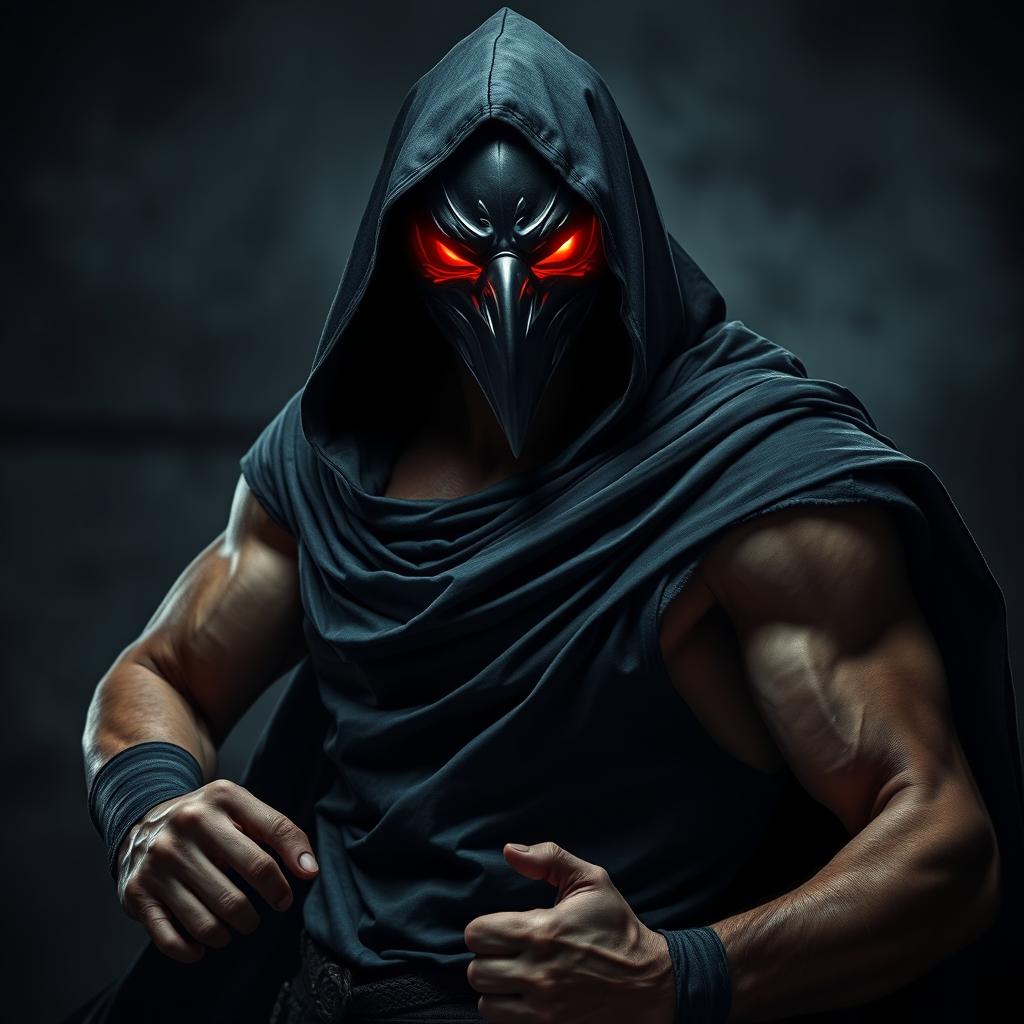 A powerful image of a man wearing a crow mask, cloaked in a flowing black hooded tunic