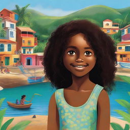 This is a lively, high-quality illustration of 8-year-old Emily from a small fishing village in Trinidad