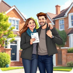 An illustrative scene depicting a happy couple standing outside a stylish UK home, showing affection as they celebrate their successful UK spouse visa application