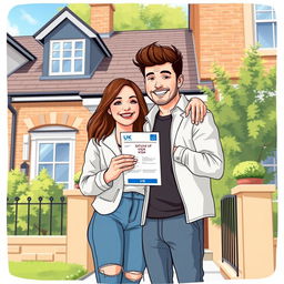 An illustrative scene depicting a happy couple standing outside a stylish UK home, showing affection as they celebrate their successful UK spouse visa application