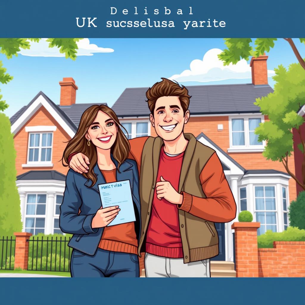 An illustrative scene depicting a happy couple standing outside a stylish UK home, showing affection as they celebrate their successful UK spouse visa application