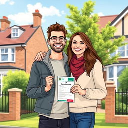 An illustrative scene depicting a happy couple standing outside a stylish UK home, showing affection as they celebrate their successful UK spouse visa application