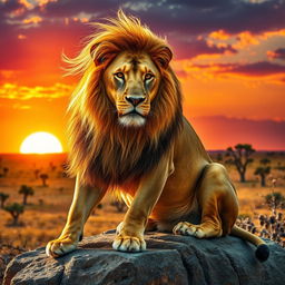 A majestic lion sitting on a rocky outcrop, with a shining golden mane blowing gently in the breeze