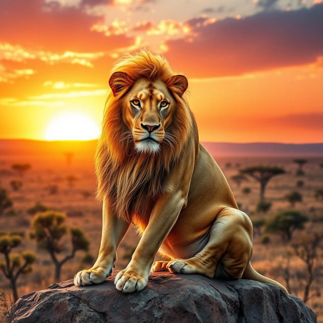 A majestic lion sitting on a rocky outcrop, with a shining golden mane blowing gently in the breeze