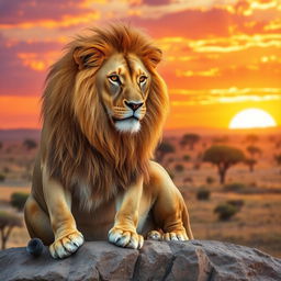 A majestic lion sitting on a rocky outcrop, with a shining golden mane blowing gently in the breeze