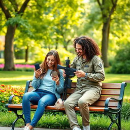Two teenagers sitting on a park bench, engrossed in their mobile phones, sharing laughter together