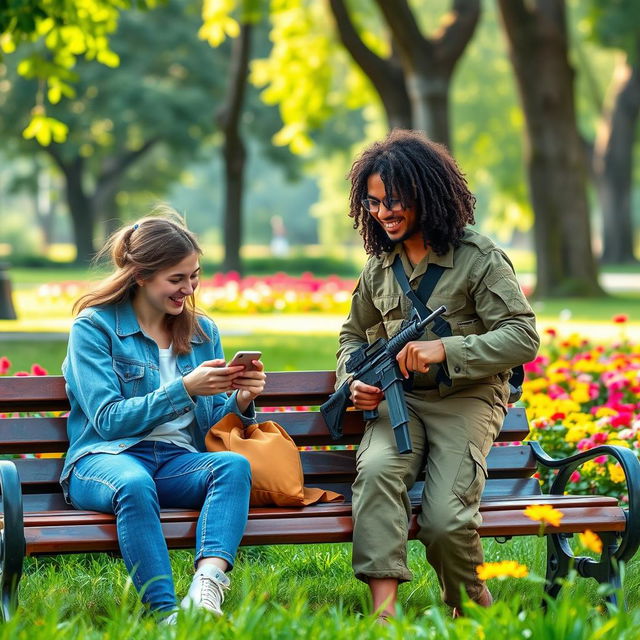 Two teenagers sitting on a park bench, engrossed in their mobile phones, sharing laughter together