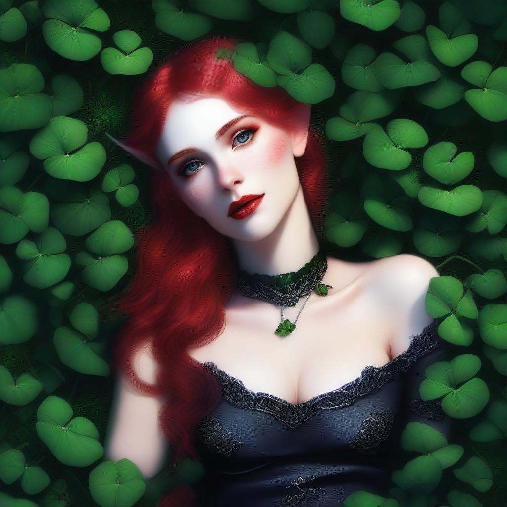 This realistic digital art image features a sensual red-haired elf girl with vampire traits