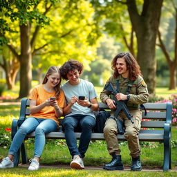 Two teenagers sitting on a park bench, engrossed in their mobile phones, sharing laughter together