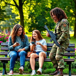 Two teenagers sitting on a park bench, engrossed in their mobile phones, sharing laughter together