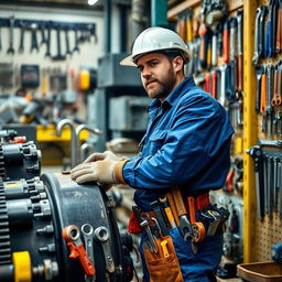 A maintenance engineer surrounded by various tools and equipment related to heavy machinery