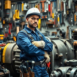 A maintenance engineer surrounded by various tools and equipment related to heavy machinery