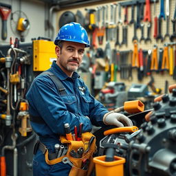 A maintenance engineer surrounded by various tools and equipment related to heavy machinery