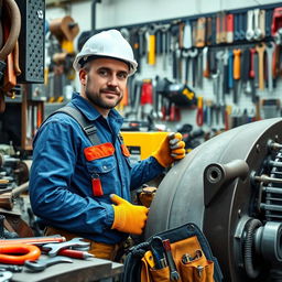 A maintenance engineer surrounded by various tools and equipment related to heavy machinery