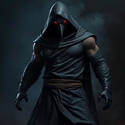 An imposing figure of a man in a crow mask, wearing a long black hooded tunic with long sleeves and black gloves