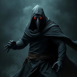 An imposing figure of a man in a crow mask, wearing a long black hooded tunic with long sleeves and black gloves