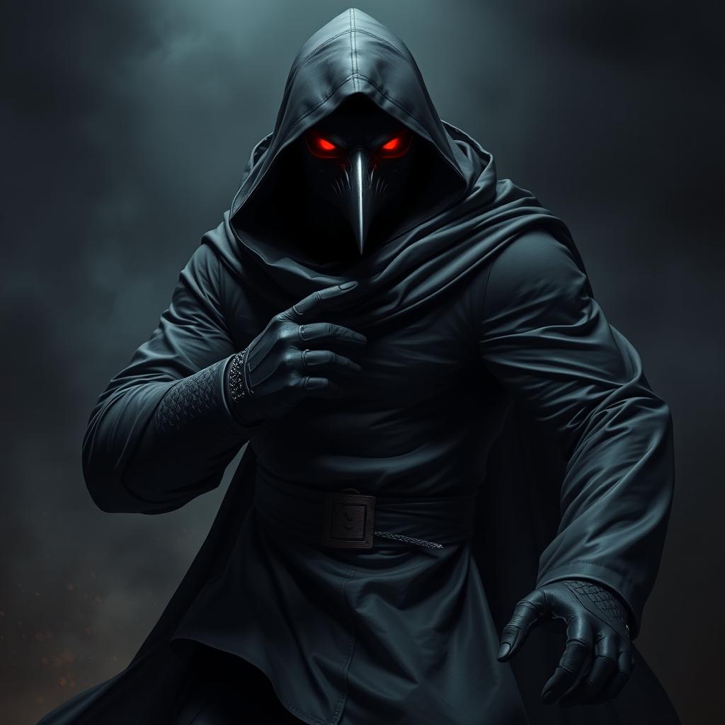 An imposing figure of a man in a crow mask, wearing a long black hooded tunic with long sleeves and black gloves