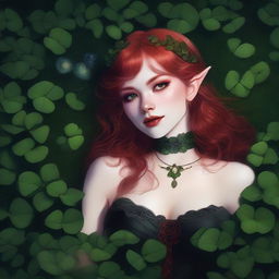 This realistic digital art image features a sensual red-haired elf girl with vampire traits