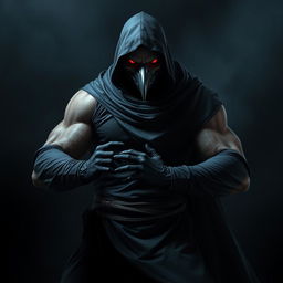 An imposing figure of a man in a crow mask, wearing a long black hooded tunic with long sleeves and black gloves