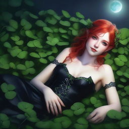 This realistic digital art image features a sensual red-haired elf girl with vampire traits