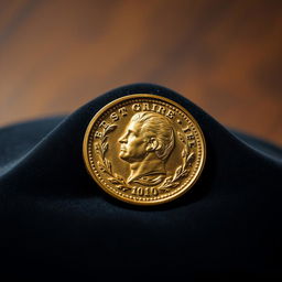 A detailed and realistic image of a shiny gold coin resting on a dark velvet cloth, showcasing intricate engravings on both sides of the coin including a prominent portrait of a historical figure and decorative borders