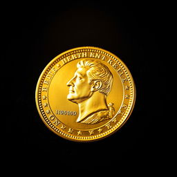 A detailed and realistic image of a shiny gold coin resting on a dark velvet cloth, showcasing intricate engravings on both sides of the coin including a prominent portrait of a historical figure and decorative borders
