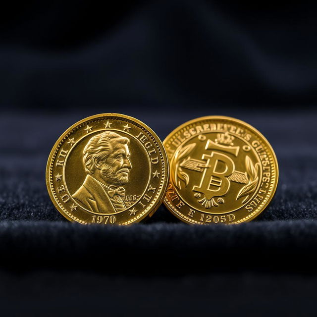 A detailed and realistic image of a shiny gold coin resting on a dark velvet cloth, showcasing intricate engravings on both sides of the coin including a prominent portrait of a historical figure and decorative borders