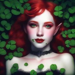 This realistic digital art image features a sensual red-haired elf girl with vampire traits