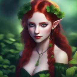 This realistic digital art image features a sensual red-haired elf girl with vampire characteristics