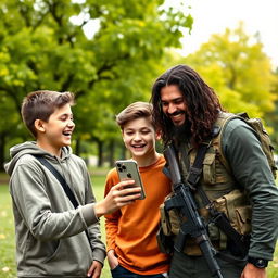 Two teenage boys laughing joyfully in a park, with vibrant green trees in the background