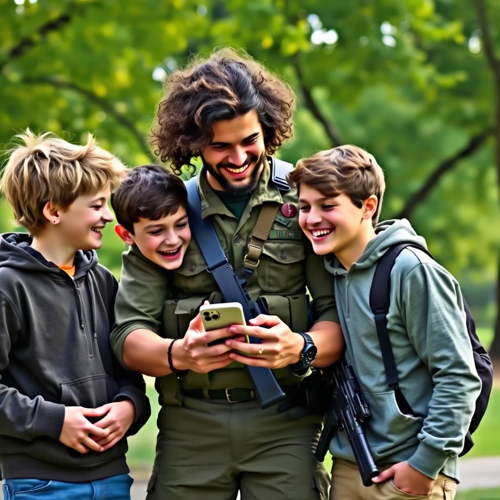 Two teenage boys laughing joyfully in a park, with vibrant green trees in the background