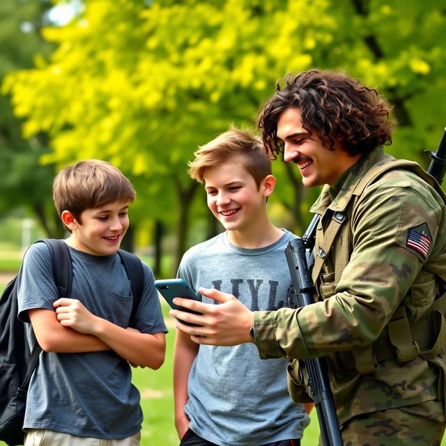Two teenage boys laughing joyfully in a park, with vibrant green trees in the background