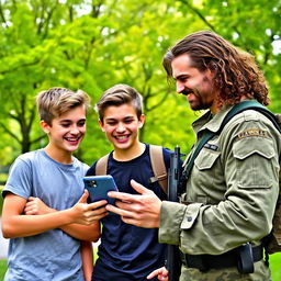 Two teenage boys laughing joyfully in a park, with vibrant green trees in the background