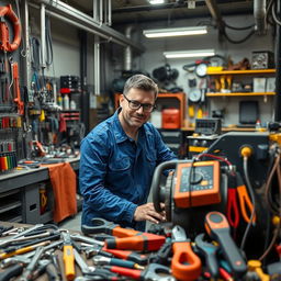 An engineer in a workshop environment, surrounded by a variety of tools including wrenches, screwdrivers, pliers, and electrical testing equipment