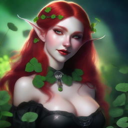 This realistic digital art image features a sensual red-haired elf girl with vampire characteristics