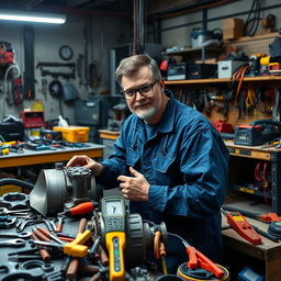An engineer in a workshop environment, surrounded by a variety of tools including wrenches, screwdrivers, pliers, and electrical testing equipment