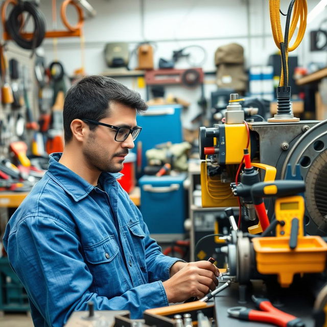 An engineer in a workshop environment, surrounded by a variety of tools including wrenches, screwdrivers, pliers, and electrical testing equipment