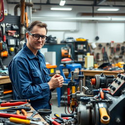An engineer in a workshop environment, surrounded by a variety of tools including wrenches, screwdrivers, pliers, and electrical testing equipment