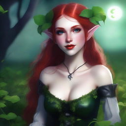 This realistic digital art image features a sensual red-haired elf girl with vampire characteristics