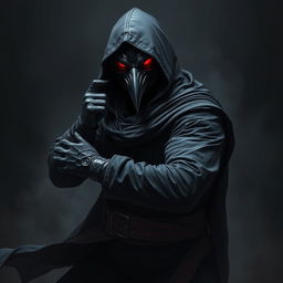 An intense depiction of a man wearing a crow mask, fully clad in a long black hooded tunic with long sleeves and black gloves