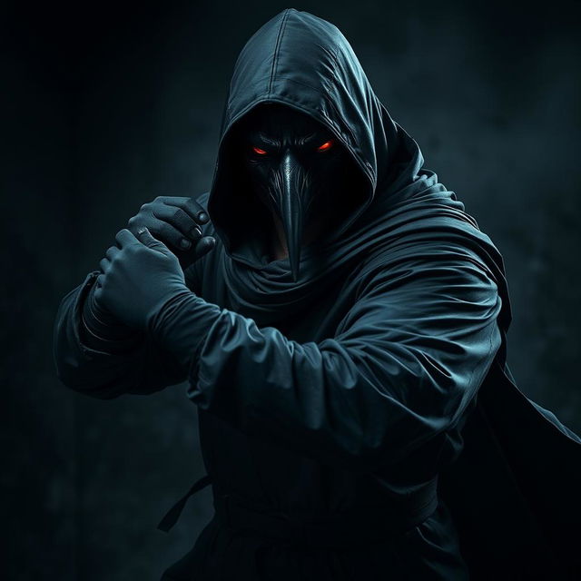 An intense depiction of a man wearing a crow mask, fully clad in a long black hooded tunic with long sleeves and black gloves