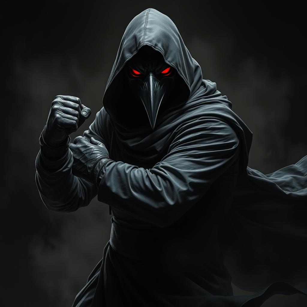 An intense depiction of a man wearing a crow mask, fully clad in a long black hooded tunic with long sleeves and black gloves