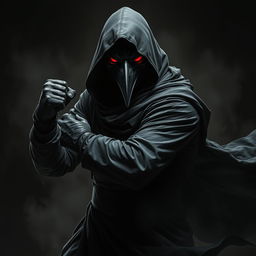 An intense depiction of a man wearing a crow mask, fully clad in a long black hooded tunic with long sleeves and black gloves