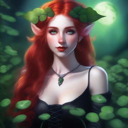 This realistic digital art image features a sensual red-haired elf girl with vampire characteristics